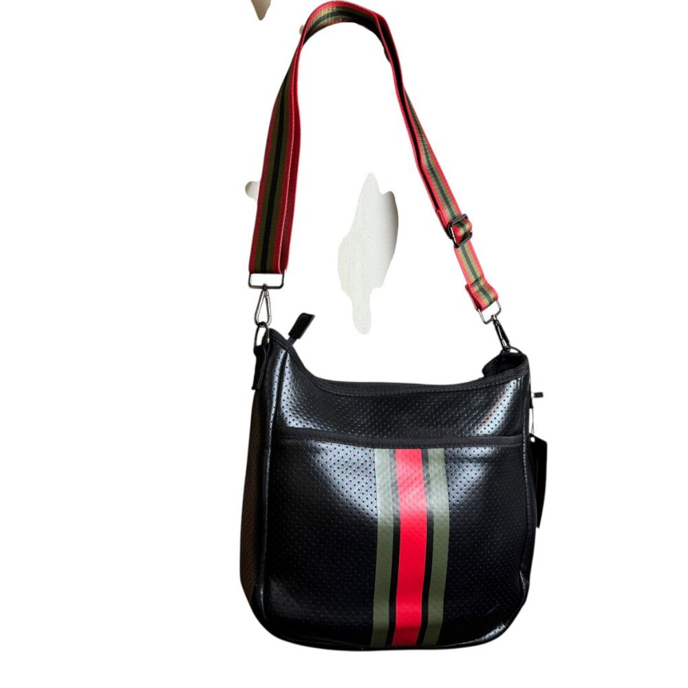 Haute Shore Neoprene Crossbody Bag & Matching Wallet Set Red/Olive Stripe | NWT